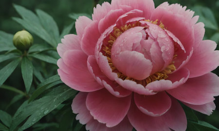 Pink peony flower with raindrops on petals, close upの写真素材