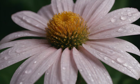A close up of a white daisy with water droplets.の写真素材