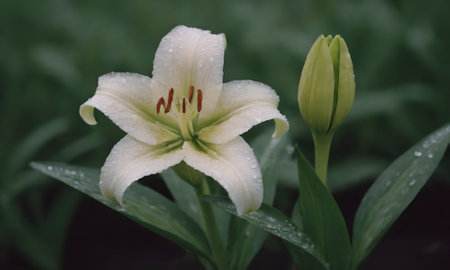 White lily flower with raindrops on green background. Close up.の写真素材