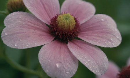 Close up of a pink flower with raindrops on the petalsの写真素材