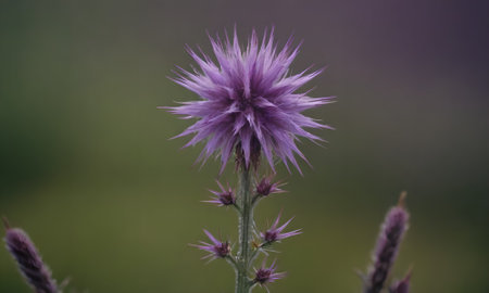 Close up of a purple thistle flower in bloom in the fieldの写真素材