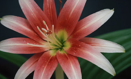 Beautiful pink lily flower close-up on a black backgroundの写真素材