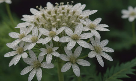 White flowers with raindrops on a green background. Macro photography.の写真素材