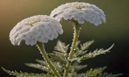 White flowers with dew drops on a green background, close-upの写真素材