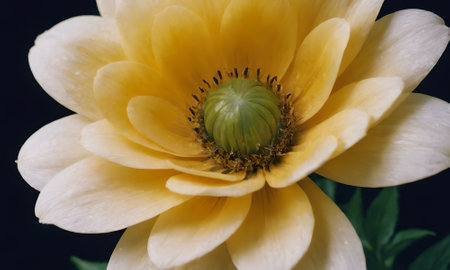 Close up of a yellow flower on a black background with copy spaceの写真素材