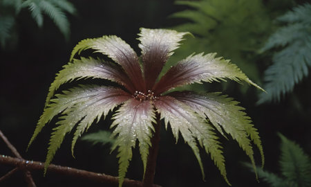 Beautiful flower with raindrops on the leaves of a tropical plantの写真素材