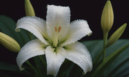white lily with water drops on the petals and green leavesの写真素材