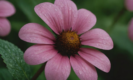Pink flower with raindrops on the petals in the garden.の写真素材