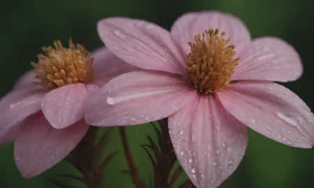 pink flowers with raindrops on the petals, close upの写真素材