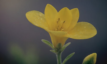 Yellow flower with raindrops on the petals and blurred background.の写真素材