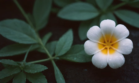 White flower and green leaf on dark background, soft focus, vintage toneの写真素材