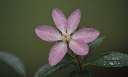 Pink flower with raindrops on the petals and green background.の写真素材