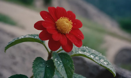 Red dahlia flower with drops of water on the petalsの写真素材