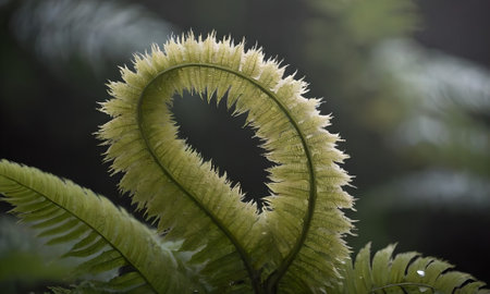 Fern leaf with heart shape in the rainforest, Thailand.の写真素材