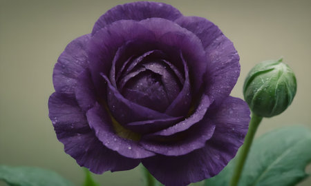 purple rose with water drops on petals and green leafs
