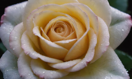 Close up of a white and yellow rose with water droplets.の写真素材
