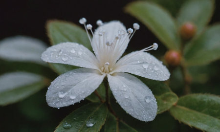 White flower with raindrops on the leaves of a shrub.の写真素材