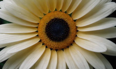 Close up of a daisy flower with yellow center and black backgroundの写真素材