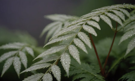 Water droplets on the leaves of a fern after the rainの写真素材