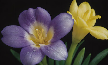 Violet crocus and yellow crocuses on a black backgroundの写真素材