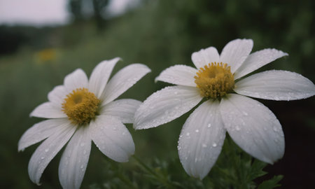 Beautiful white daisies with raindrops on the petals.の写真素材