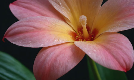 Beautiful pink and yellow flower with raindrops on black background.の写真素材