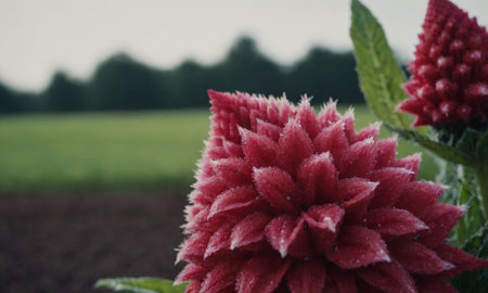 Red flower with water drops on it and green field in background.の写真素材