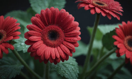 Red gerbera flowers with water droplets on petals.の写真素材