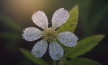 White flower with dew drops on its petals and green leavesの写真素材