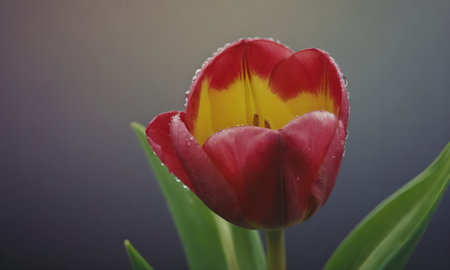 Red tulip with water drops on the petals on a dark backgroundの写真素材