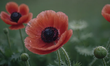 poppies in the garden, close up of a red poppyの写真素材