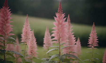 pink astilbe flowers in the meadow, nature seriesの写真素材