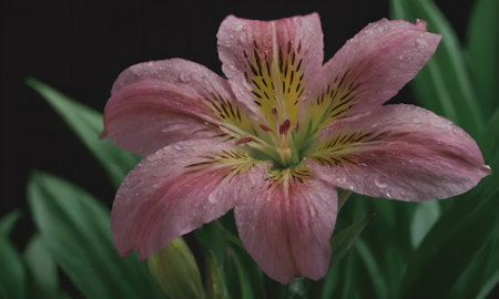 pink lily with water drops on the petals and green leavesの写真素材