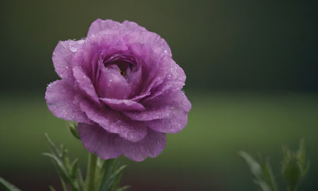 Purple flower with dew drops on the petals and green backgroundの写真素材