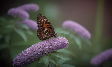 Butterfly on purple flower in the garden. Selective focus.の写真素材