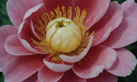 Pink peony flower with yellow stamens, close-upの写真素材