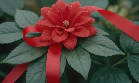 Red flower with a red ribbon on a background of green leaves.の写真素材