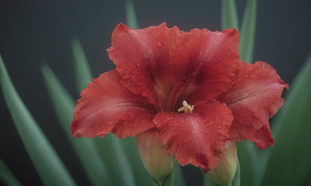 Beautiful red gladiolus flower on a dark background close-upの写真素材