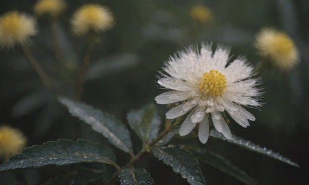 Close up of white flower with raindrops on the petals.の写真素材