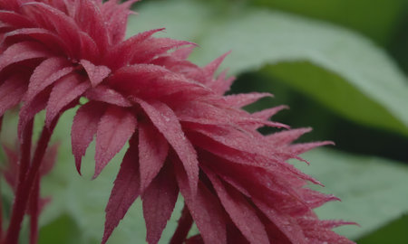 Close up of a red flower with green leaves in the background.の写真素材