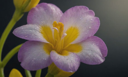 Close up of yellow and purple freesia flower on black backgroundの写真素材