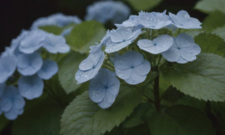 Hydrangea macrophylla with dew drops on the petalsの写真素材