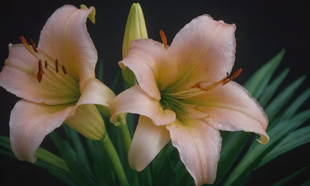 Beautiful lily flowers on a dark background, close-upの写真素材