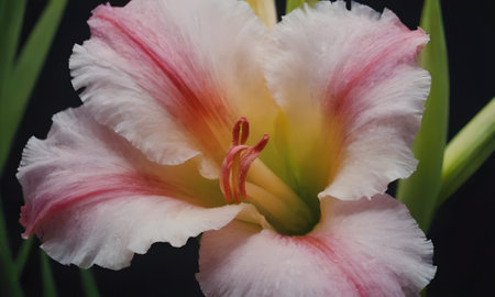 Close up of pink and white daylily flower on black backgroundの写真素材