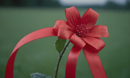 red flower with red ribbon on a green field background, shallow depth of fieldの写真素材