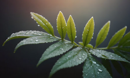 Green leaves with drops of dew in the morning. Nature background
