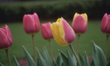 Tulips in the garden with raindrops on the petalsの写真素材