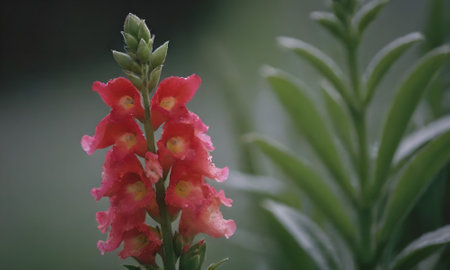 Close up of red flower with green leaf background in the garden.の写真素材