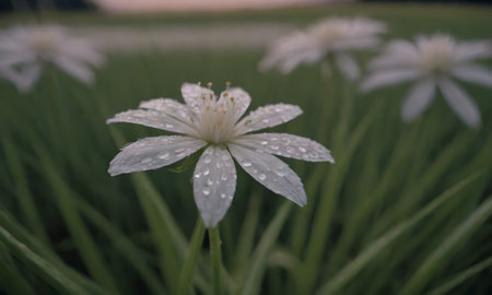 White flower with water drops on the petals and green grass backgroundの写真素材