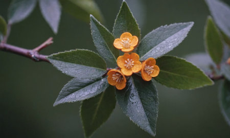 Flowering bush with small orange flowers on a dark green background